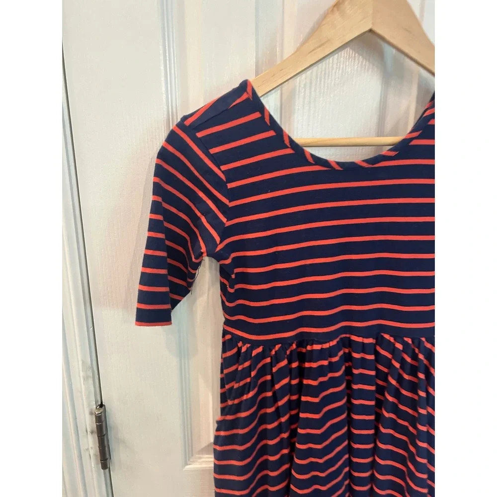 Hanna Andersson Dress Navy‎ Blue Red Striped Short Sleeve Pocket Skater Kids 10
